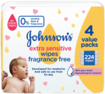 Johnson's Extra Sensitive Fragrance Free Wipes 4 x 56pk