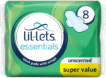 Lil-lets Essentials Unscented Thick Pads with Wings 8pk
