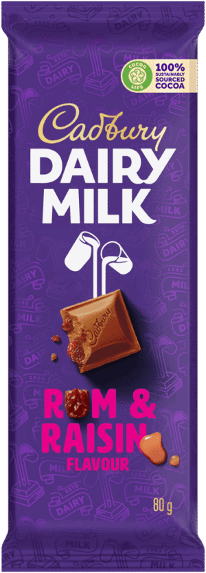 image-0 Cadbury Dairy Milk Rum & Raisin Flavour Milk Chocolate Slab 80g