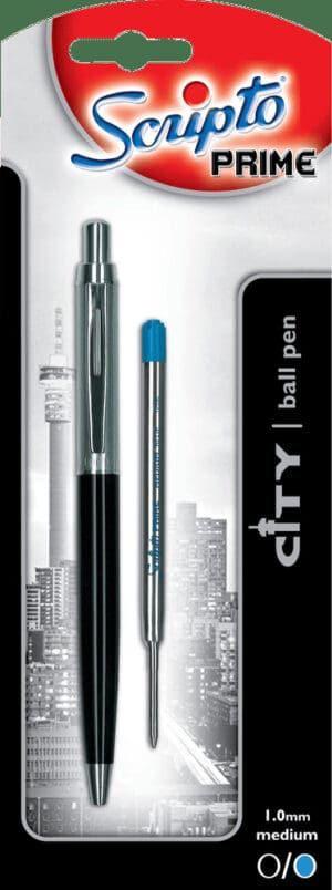 Scripto Prime City Black Medium Ball Pen with Blue Refill 2pc